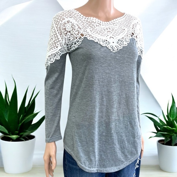 Heather Gray Plain Lace Long Sleeve Crew Neck T-Shirt - Picture 6 of 16